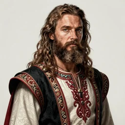 chris pratt ancient corsican, long beard, black red white clothes, intricate, highly detailed, artstation, sharp focus, illustration, jurgens, aleksi briclot, rutkowski, bouguereau, mucha