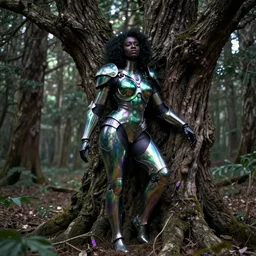 hyperrealistic post - raphaelite super expressive! black woman with exoskeleton armor, merging with tree in a forest, highly detailed digital art masterpiece smooth cam de leon eric zener dramatic pearlescent green purple light ground angle hd 8 k sharp focus