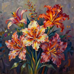 hyper detailed illustration like a Oil painting - a vivid exotic flower bouquet, long petals, huge blossoms, by Jacek Yerka, Mariusz Lewandowski, Houdini algorithmic chromatic colors, long brush strokes, Masterpiece, Edward Hopper and James Gilleard, Zdzislaw Beksinski, Mark Ryden, Wolfgang Lettl, hints of Yayoi Kasuma, octane render, 8k