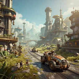 in a steampunk city with vehicles, 4k, HDR, award-winning, landscape, octane render, artstation