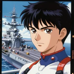 Cinestill 800t, 8K, highly detailed, moebius seinen manga 3/4 closeup portrait, clear eyes, focus on moebius anti-g flight suit, tilt shift moebius background: famous french artist in moebius anime remake, aircraft carrier scene
