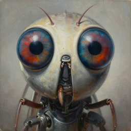 desaturated!!! holy saint aura battle robot award winning closeup portrait huge insect eyes symmetry faded tetrachromacy desaturated colors trippy background tim hildebrandt wayne barlowe bruce pennington donato giancola larry elmore masterpiece trending on artstation cinematic composition beautiful lighting hyper detailed!!! 8 k oil on canvas