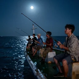 fishermen catching fish with rods in their ship at sea, fishing boat from the film Into the Spider-verse, Craig Mullins, Robh Ruppel, Yun Ling, Vaughan Ling, Neil Ross, Peter Chan, dramatic lighting, full moon