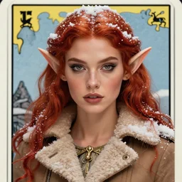 portrait of a sexy elf wearing a wintercoat, face details, red hair, brown skin, snow, sharp focus, award - winning, masterpiece, highly detailed, intricate. art by rebecca guay, rossdraws, tarot card