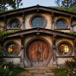low angle front facing view of hobbiton architecture with rounded windows and wooden doors, textured wood material, photorealistic, highly detailed, evening, unreal engine 5
