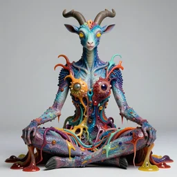 a portrait photograph sadie sink as a meditating fierce colorful harpy antilope super villian with slimy amphibian scaled blue skin and yellow eyes. she is wearing a colorful living organic infected dress with tendrils and slime. by donato giancola, hans holbein, walton ford, gaston bussiere, peter mohrbacher and brian froud. 8 k, cgsociety, fashion editorial