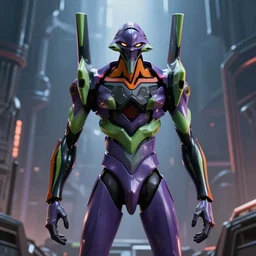 evangelion, redesigned by yasushi nirasawa moebius hr giger and alex ross, full figure action shot, alien world background, hdr, 8 k, octane render, volumetric lighting