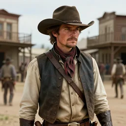 highly photorealistic render of young val kimer as wyatt earp from tombstone set against a western town, intricate detail, attention to details, realistic color scheme, volumetric lighting