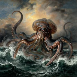 giant kraken with huge tentacles entangled with frigate in the waves of a stormy ocean under a dramatic sky, by jmw turner