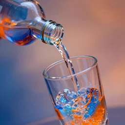 a liquid flowing out of a bottle of glass, blue and orange, fantasy art