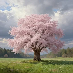 a single colossal cherry blossom tree rising above a vast grassland and forested landscape, voluminous clouds, god rays, fantasy digital painting, stunning intricate details, artwork by peter mohrbacher, cyril rolando
