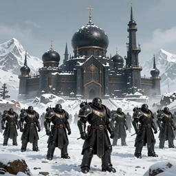 black armoured Garlean soldiers in sci fi imperial Russia, snow capped mountains, industrial citadel black domes and spires, highly detailed beautiful concept art of an oppressive towering city, very very very clean clear digital artwork with professional composition