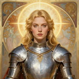masterpiece head-on symmetrical centered painted portrait, Imogen Poots as a holy warrior, blonde hair, holy light halo, glorious, wearing full metal armour, elegant, distant, in the style of Ruan Jia and Artgerm and Edgar Maxence and Ross Tran and Michael Whelan and Mucha, 8k, octane render