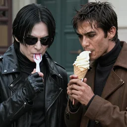 albert wesker from resident evil eating ice cream with alex mercer from prototype, 4 k photography