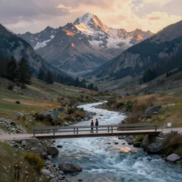 High-Quality realist painting of a river crossing a valley in the Alps at dawn, peaceful, very detailed, digital art.