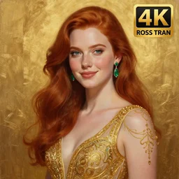 Highly detailed painting of a beautiful young woman with long red hair by Craig Mullins and Ross Tran, subtle smile, wearing a fancy dress, Golden fabric Background, Golden thread, intricate patterns, Emerald Earrings, ambient lighting, Trending on artstation, pinterest, cgsociety, 4k, 8k, HDR, award winning, unreal engine