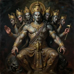 an award - winning cinematic masterpiece dark gothic portrait of mystical gothic colossal asura king ravan with ten heads from ramayan, by caravaggio, tim hildebrandt, wayne barlowe, bruce pennington, greg rutkowski, oil on canvas, masterpiece, trending on artstation, featured on pixiv, cinematic composition, brilliant lighting, sharp, hyper - detailed, no frames, hd, 8 k