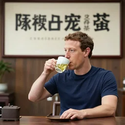 mark zuckerberg drinking chinese tea with a banner in the background privacy please