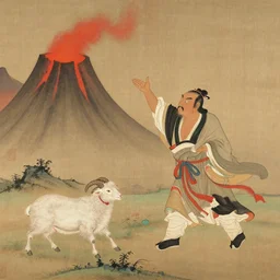 an ancient Chinese painting of a man sacrificing a sheep to a volcano