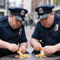 closeup portrait of two fat police officers eating from the ground in an amsterdam street, natural light, sharp, detailed face, magazine, press, photo. steve mccurry, david lazar, canon, nikon, focus