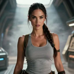 film still of!!!! megan fox!!! as lara croft in new tomb raider movie, closeup portrait, exploring interior of mass effect spaceship, glamour pose, dramatic lighting, octane, mist, volumetric lighting, 8 k