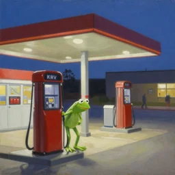 painting by edward hopper, gas station at dusk, 1 9 4 0, kermit the frog is robbing the gas station