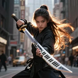 an urban crimefighting ninja musician wielding a sword that has a piano keybed as the blade