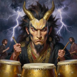 raijin with golden drums. strong storm with lightning in the background. realistic, highly detailed, oil painting in a modern style, very detailed and symmetrical face, painted by greg rutkowski, sachin teng, thomas kindkade, tony sandoval, norman rockwelll