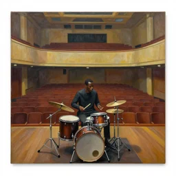 A cubist painting of a black man playing drums at an empty concert hall, wide shot