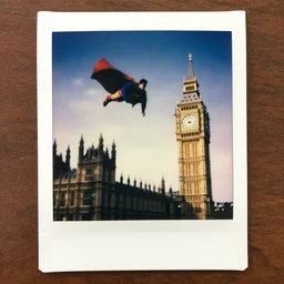 an old polaroid photo of superman flying past big ben in london,