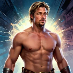 upper body illustration of brad pitt as achilles, the greek demigod, strong chest, muscular body, mattepainting concept blizzard pixar maya engine on stylized background splash comics global illumination lighting artstation, sharp focus, lois van baarle, ilya kuvshinov, rossdraws