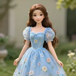 anna the flower princess, wearing a light blue flower patterned dress, brown hair, trending on artstation, long shot!!, photograph.