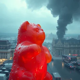 a stunning photography of a giant colored gummy bears destroying budapest, gozilla size, cinematic footage, by denis villeneuve, ridley scott