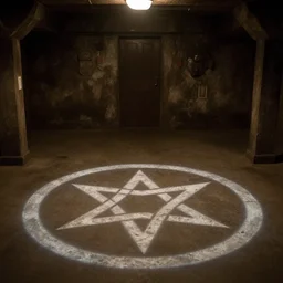 movie still, a basement cellar with a pentagram painted on the floor