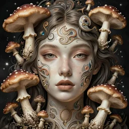 A girl surrounded by magic mushrooms, face, detailed, intricate, elegant, highly detailed, digital painting, artstation, concept art, smooth, sharp focus, illustration, art by Krenz Cushart and Artem Demura and alphonse mucha