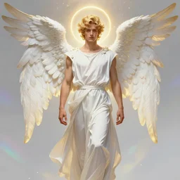 fullbody portrait of a beautiful young fit male angel with curly blond hairs, dressed with fluent clothes, majestic symmetrical big wings, luminous halo, by greg rutkowski and alphonse mucha, gradient white to gold, in front of an iridescent background, highly detailed portrait, digital painting, artstation, concept art, smooth, sharp focus illustration