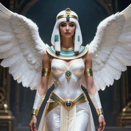 perfect white haired egyptian goddess wearing white dove wings, warframe armor, regal, attractive, ornate, sultry, beautiful, dreamy, charlize theron, pretty face, blue eyes, detailed, scifi platform, 4 k, ultra realistic, epic lighting, android body, illuminated, cinematic, masterpiece, art by akihito tsukushi, voidstar, artgerm