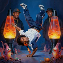 beautiful lifelike painting of peewee herman breakdancing with kool keith and the ultramagnetic mc's in lava lamp sea monkey volcano setting, hyperreal detailed facial features and uv lighting, art by ed roth and basil wolverton