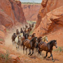 lots of horses running through the canyon, hyper realistic, more details, they might be crawling, original oil on canvas painting by sydney mount