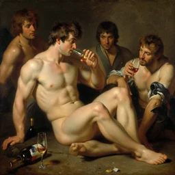 ares drinks wine with hercules, painting by gaston bussiere, craig mullins, j. c. leyendecker, tom of finland