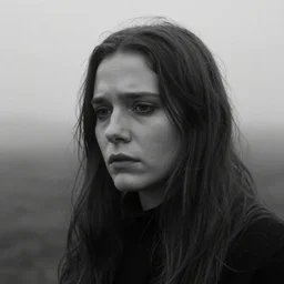 award winning photo of some despair as antonioni would depict it, she is 2 3, she is beautiful and listens to oathbreaker, photorealistic, closeup, black and white, the background is unsafe, insanely detailed, foggy like in norwegian black metal aesthetic