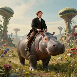 70mm still from a sci fi blockbuster movie made in 2022, set in 1860, of a man riding on the back of an alien hippo, on an alien planet, across an alien landscape that is full of strange wild alien plants and flowers, wearing 1850s era clothes, cinematic lighting, 8k, in focus faces, good quality lighting, good quality photography, oscar winner