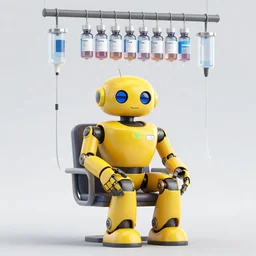 a yellow mechanic robot sitting on the chair in the middle hang with bunch of infusion therapy bottles