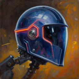 side profile view of armored neon raven helmet. game informer ( 1 9 8 9 ). raypunk. dieselpunk. dynamic action pose. oil on canvas by ralph mcquarrie