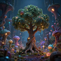 friendly Tree Ent on a bioluminescent biome of oddities, oddities everywhere, enchanted, magical,  cinematic shot, intricate, ornate, photorealistic, ultra detailed, realistic, 100mm, photography, octane, high definition, depth of field, bokeh, 8k, behance, artstation