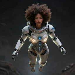 beautiful afrofuturistic himba woman, otjize, glowing spacesuit, robotic arms, weightless in space, hyperrealistic, scifi, concept art, digital art, portrait, dark, muted colors