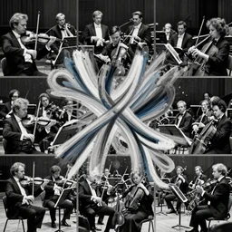 a collage combining painted abstract triadic flourishes and photography of a formal symphony orchestra, the photograph is black and white, the flourishes weave in and out of the symphony, graphic