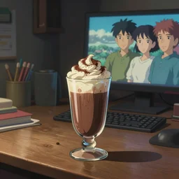 beautiful scene render of a hot chocolate drink in a tall glass with cream on top and cocoa powder, desk, monitor, dimly lit bedroom, perfectly shaded, atmospheric lighting, style of makoto shinkai and peter mohrbacher, studio ghibli. artgerm, karol bak, beeple, animation style, 8 k hd, ultra wide angle, hyper detailed
