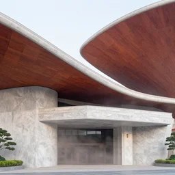 curved roof planes lift and descend creating shade and architectural expression, highly detailed, marble, vivid color, high resolution photography, mist, entry way facade