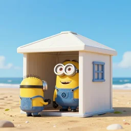 minions trash hut on the beach, 4k, abstract surrealism masterpiece